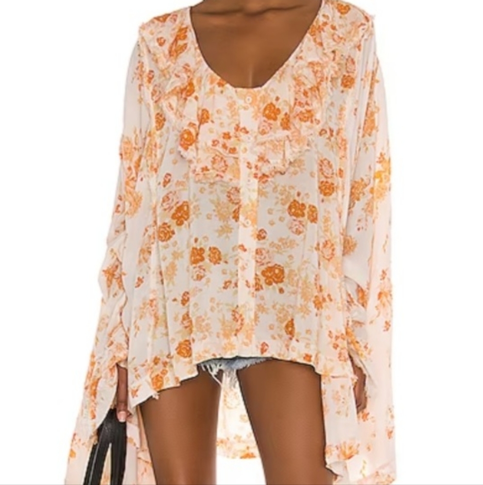 NWT Free People Lorretta Printed Tunic In Tea Combo S Yellow/Orange